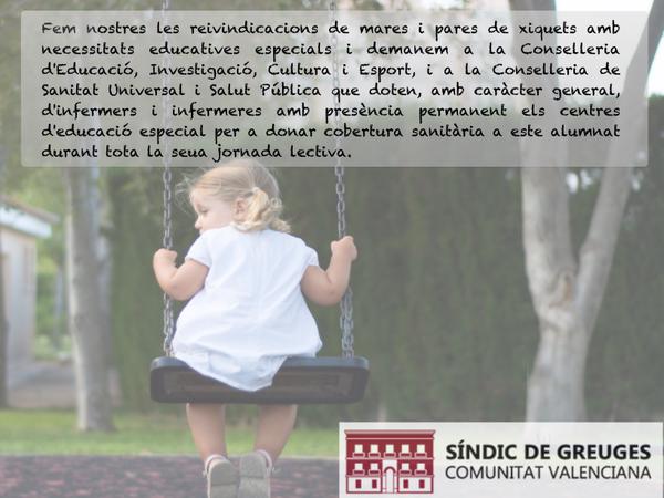 Educación acepta la recomendación del Síndic de dotar los centros de educación especial de personal de enfermería con presencia permanente 